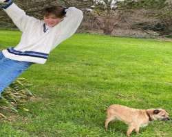 The star is accompanied by a cute dog in his home.